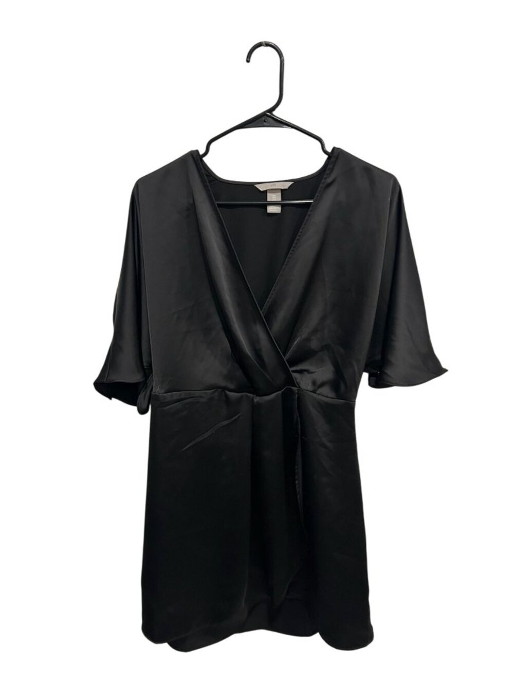 H&M Medium Black Satin V-Neck Wrap Short Sleeve Dress Minimalist Clean Girl